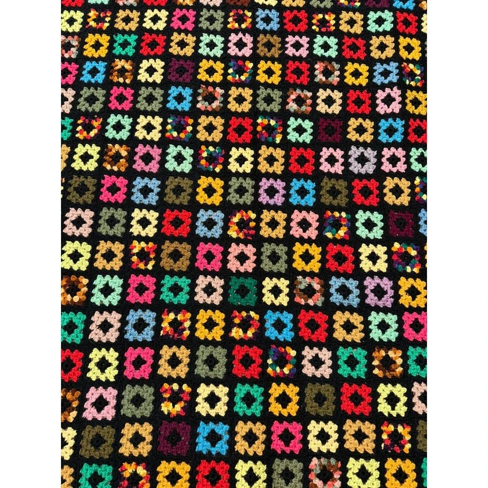 Vintage Handmade Granny‎ Square Crochet Afghan Thrown Blanket Bright Multi-color